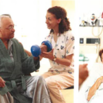 therapist helps swing bed patient strenghten arms